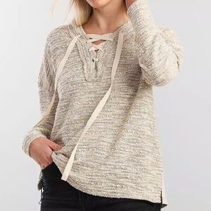 BKE Women Top Size Medium Reverse French Lace up Textured long Sleeve minimalist
